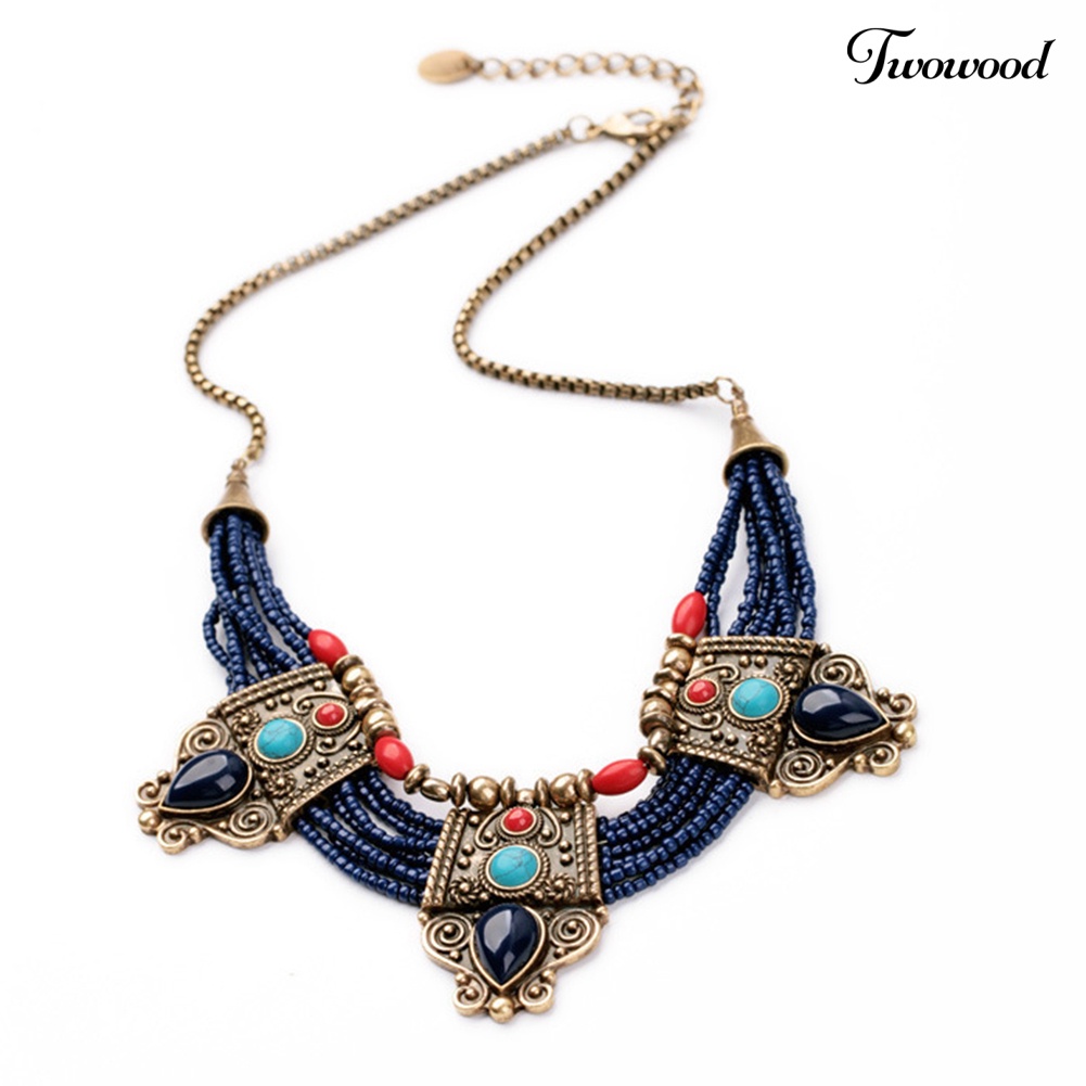 Twowood Boho Wanita Multilayer Beads Rhinestones Hias Statement Chain Bib Kalung