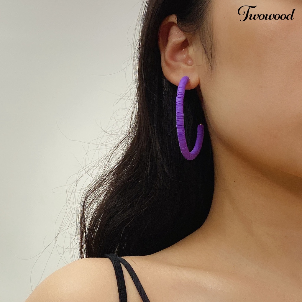 Twowood 1pasang All-match Wanita Warna Pelangi Polymer Clay Bohemian Hoop Stud Earring Untuk Outdoor