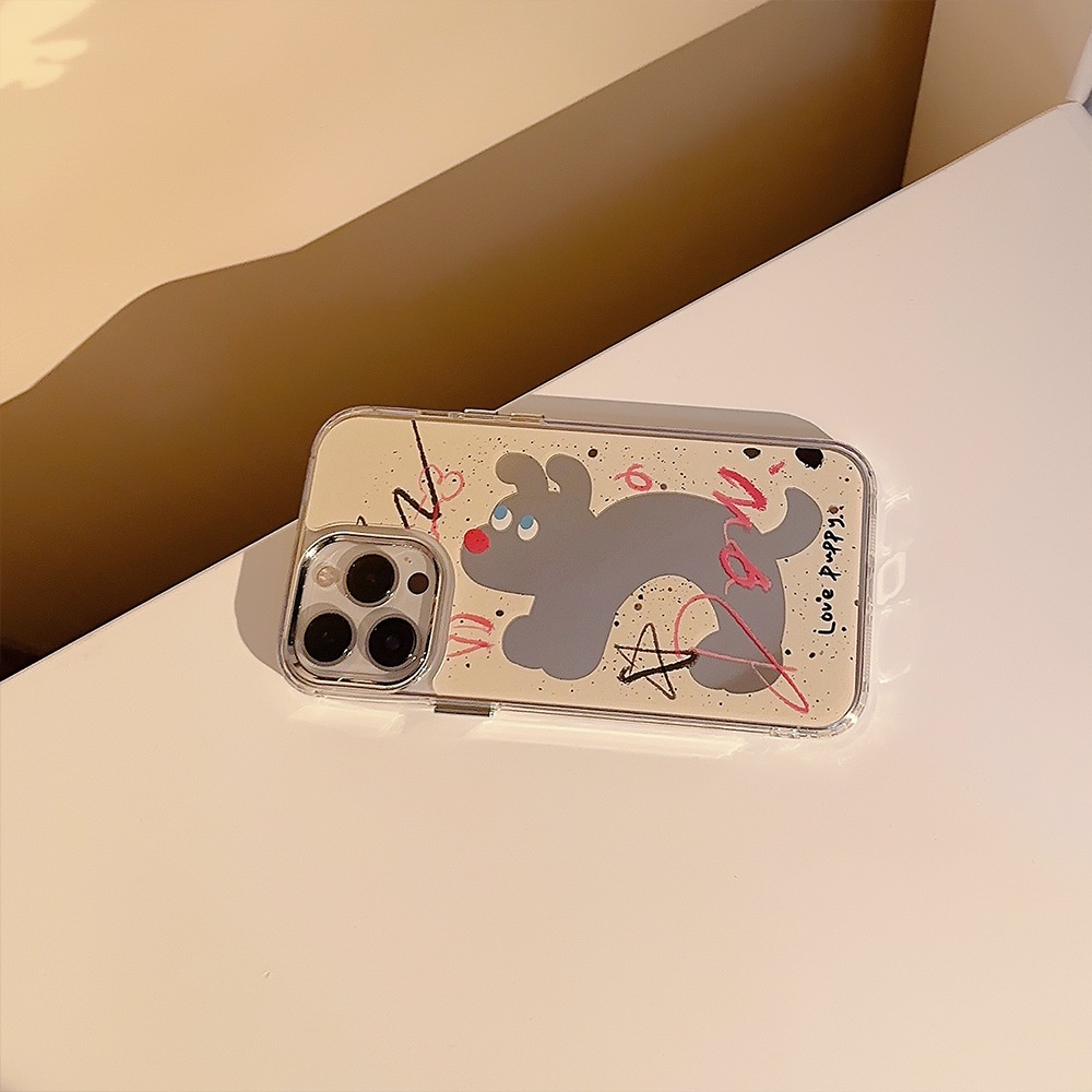 IPHONE Splash-ink Puppy Dog Mirror Phone Case Electroplated Bingkai Kamera Makeup Covers Untuk Iphone11 12 13 14 PLUS PRO MAX