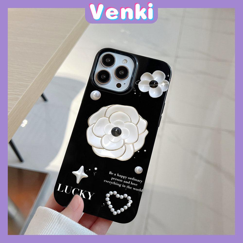 VENKI - For iPhone 11 iPhone Case Black Glossy TPU Soft Case Shockproof Protection Camera White Flowers Compatible with iPhone 14 13 Pro max 12 Pro Max xr xs max 7Plus 8Plus