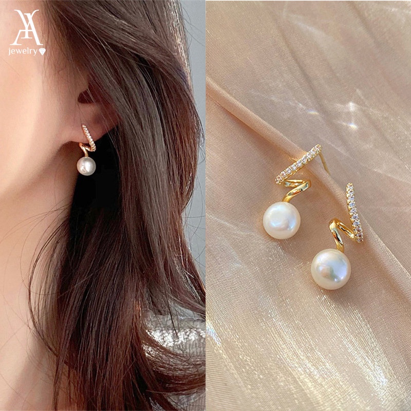 Ay (CN) Anting Tetes Kristal Memutar Korea Mutiara Anting Emas Untuk Aksesoris Perhiasan Wanita