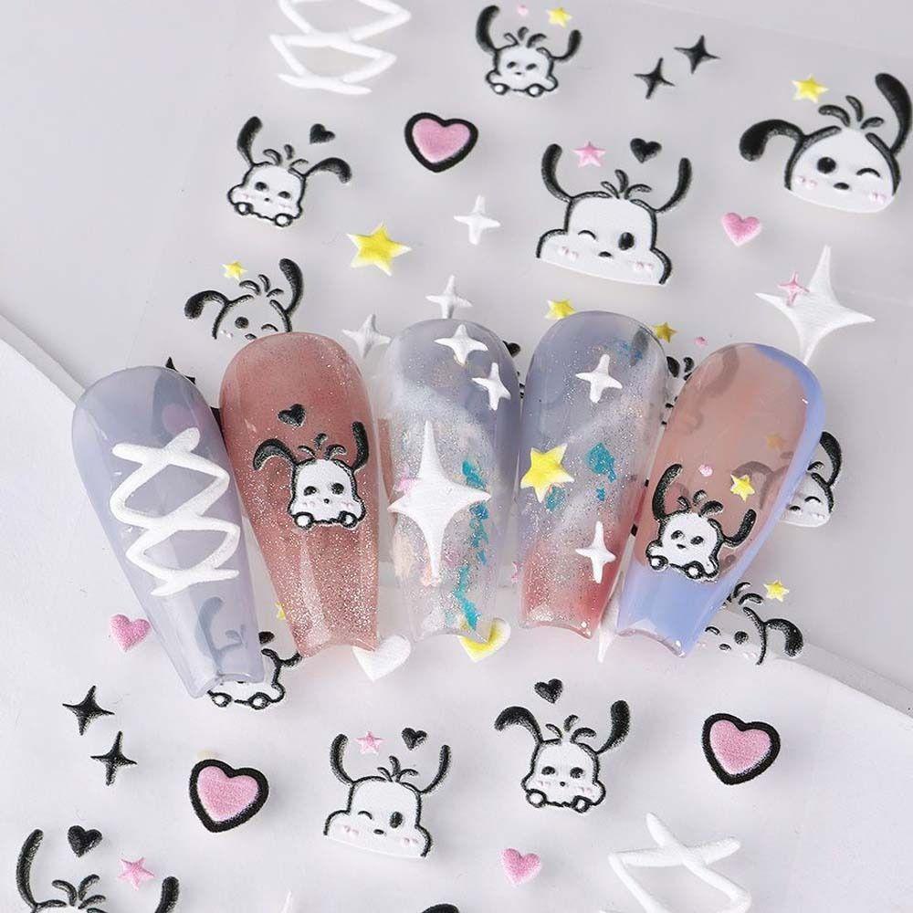 AUGUSTINA Agustina Kartun Stiker Kuku 5D Relief Fashion Cinta Hati Anjing Pochacco Self Adhesive Nail Dekorasi