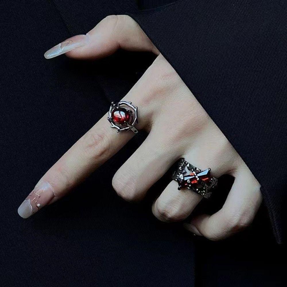Needway  Cincin Geometris Kepribadian Hip Hop Terbuka Cincin Aksesoris Perhiasan Hadiah Hari Valentine Gaya Korea Perhiasan Permata Merah Perhiasan