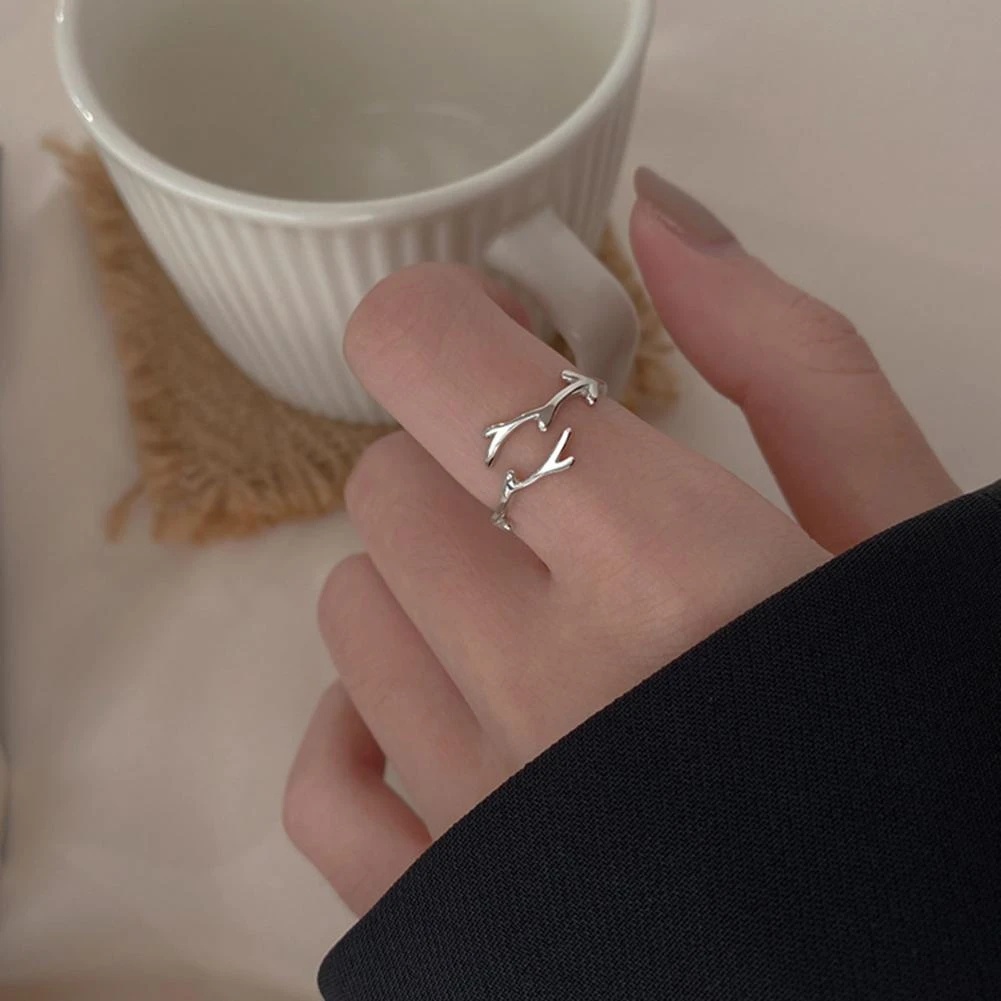 Korea Ins Mewah Perak Tanduk Rusa Cincin Trendi Terbuka Cincin Adjustable Geometris Elegan Menawan Cincin Fashion Sederhana Elk Jari Perhiasan Untuk Wanita Gadis Natal Accesorios