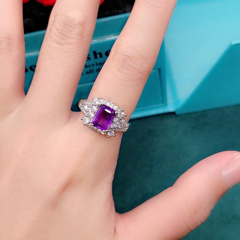 Goldkingdom Aksesoris Perhiasan Fashion Ready Stock Persegi Berlian Micro-set Fancy Permata Cincin Emerald Cut Natural Amethyst Pembukaan Band Wanita