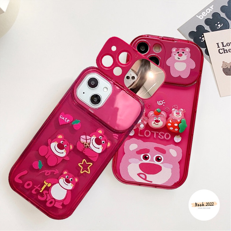 Case Untuk OPPO A15 A57 A5s A3s A7 A9 A5 A31 A33 2020 A12 A53 A15s A12E A77 A77s A11K A11 A35 Lembut Kartun Strawberry Beruang Lucu 3D Boneka Manyo Kreatif Flip Make Up Cermin Penutup Belakang