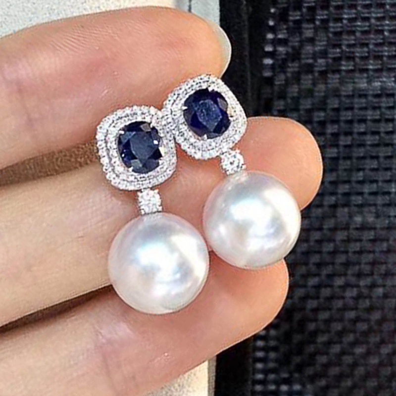 Wanita Simulasi Mutiara Dengan Biru Putih Cubic Zirconia Anting Mewah Trendi Perempuan Aksesoris Telinga Perhiasan Pernikahan Baru