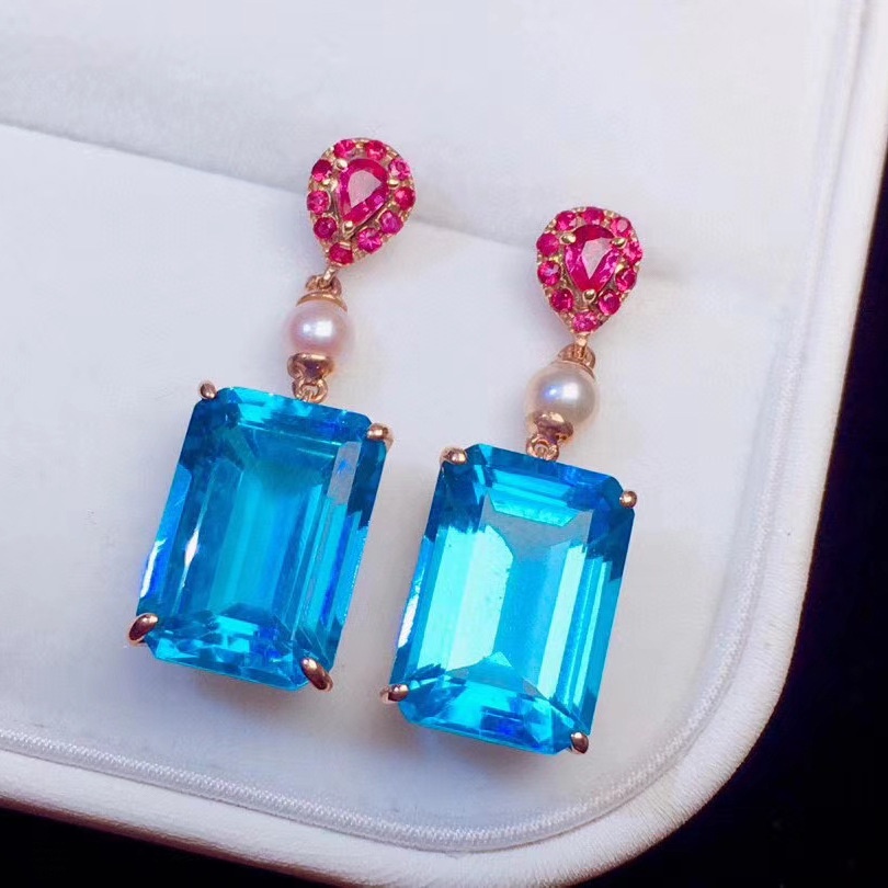 Goldkingdom Fashion Perhiasan Aksesoris Ready Stock Bertatahkan Dengan Alami Swiss Topa Biru Putri Persegi Berlian Anting Merah Korundum Earrings.