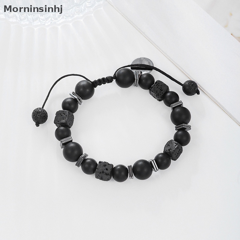 Mornin Gelang Hitam Lava Square Volcanic Stone Gelang Pria Matte Black Glass Beads Adjustable Bracelet Gelang Charm id