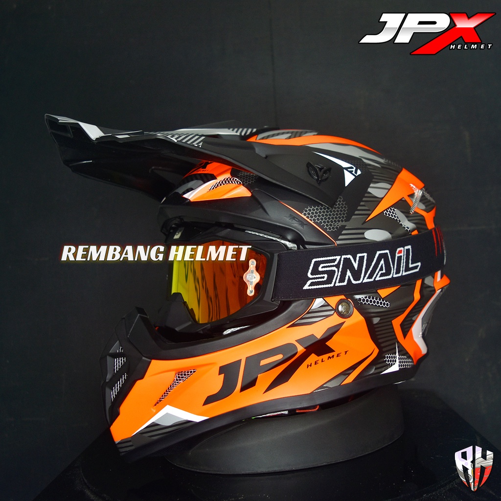 HELM JPX CROSS MOTIF X35 FLUO RED DOFF PAKET GANTENG GOOGLE SNAIL ORIGINAL, HELM TRAIL KLX MOTOCROSS