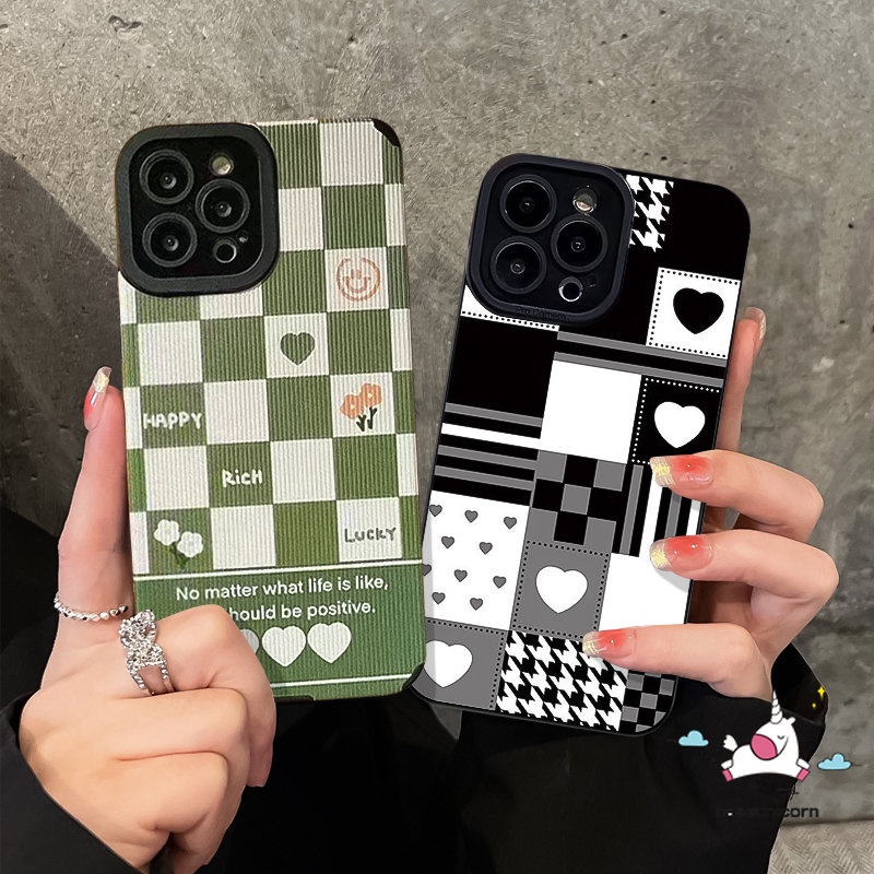IPHONE Couple Chessboard Houndstooth Pattern Back Case Kompatibel Untuk Iphone11 12 14 13 Pro Max7 8 Plus X XR XS MAX Lembut Shockproof Mewah Tekstur Kulit Cinta Hati Bunga Cover