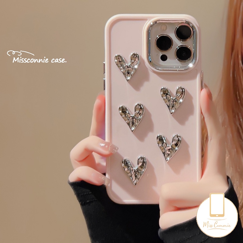 IPHONE 3d Cinta Hati Mewah Plating Square Case Kompatibel Untuk Iphone11 13 14 12 Pro MAX XR X 7Plus 8Plus XS MAX Macaron Warna Permen Sederhana Warna Solid Lembut Ponsel Cover