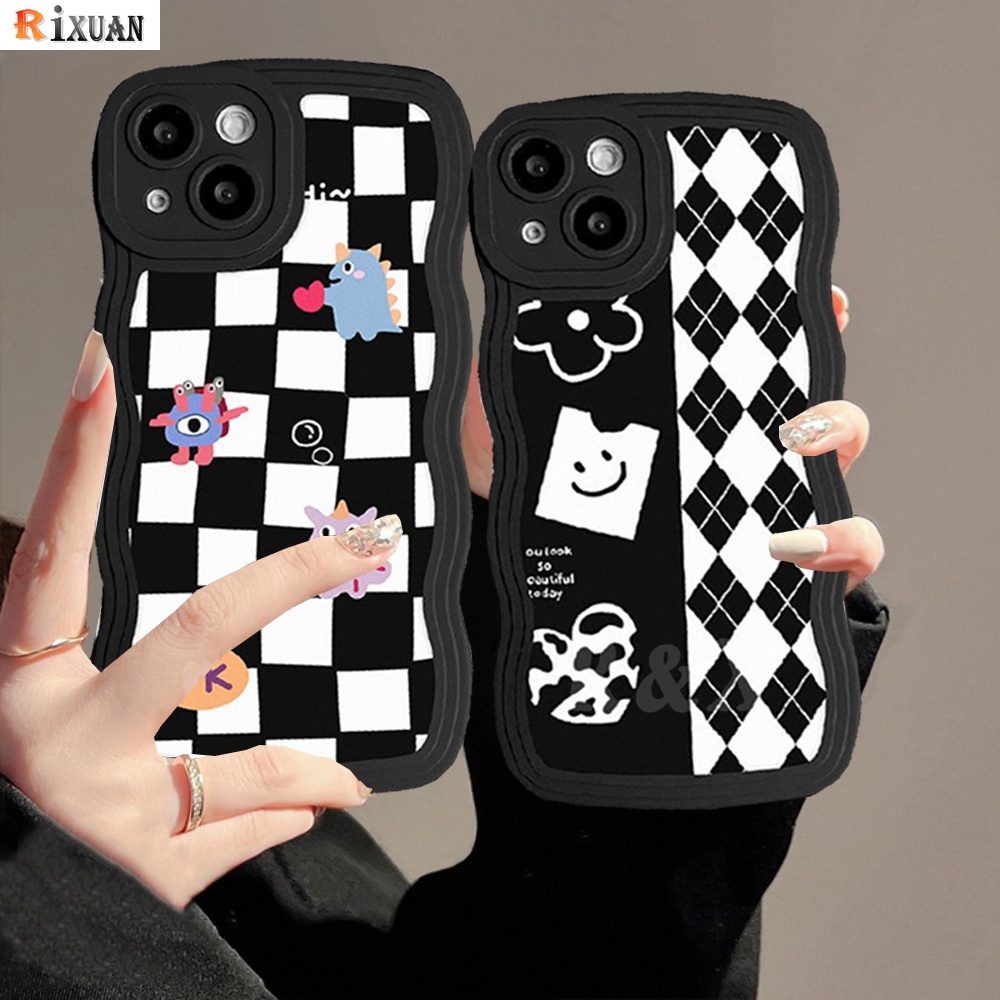 Redmi Note12 Pro Note11 Note11S Redmi 10C 10 10A 9C 9A 9T Note10 Note9 Note8 Poco M5S X3 NFC M3 Redmi A1 Fashion Chessboard Diamond Grid Cute Monsters Wavy Edge Soft Case RIXUAN