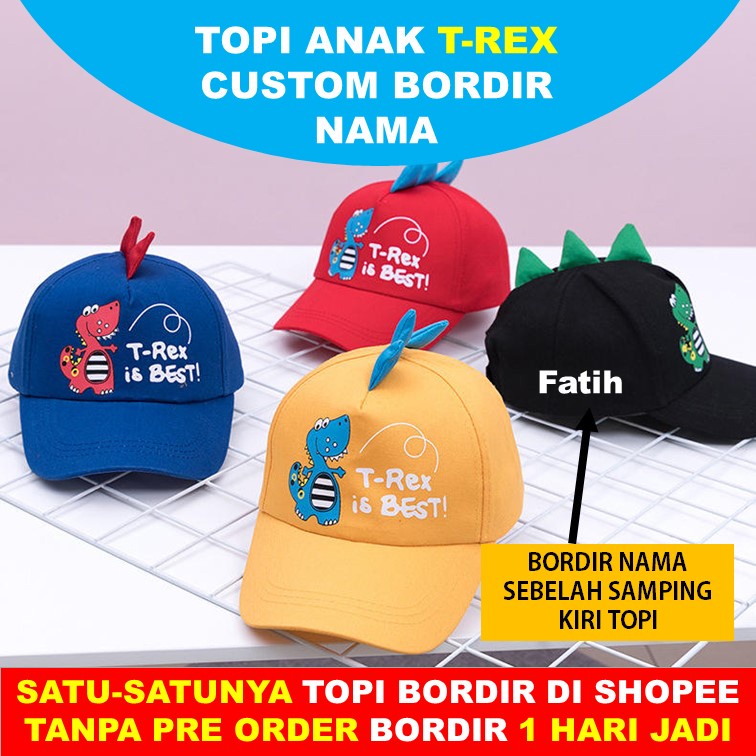 Topi Anak Dino T-Rex / Topi Dinosaurus Anak Baseball Bordir Nama Custom 1 Hari Tanpa PO