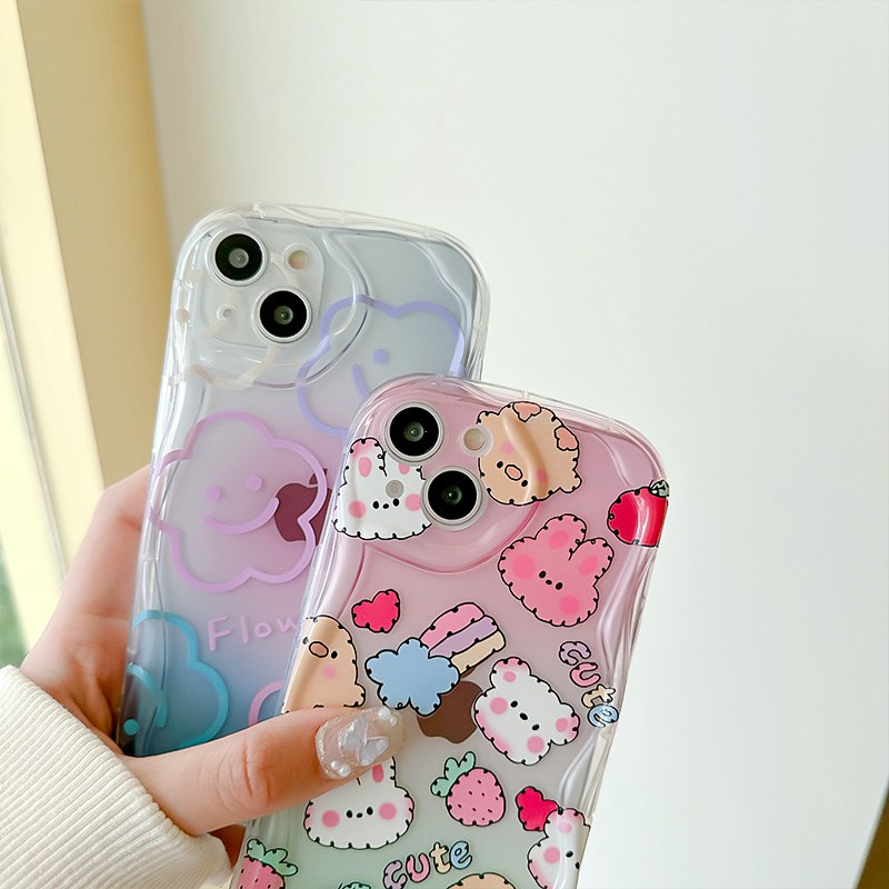 Cute Strawberry Bunny Flower Smile Gelombang Bening Soft Case HP iP iPhone X XS XR 11 12 13 14 Pro Max Woman Girl FTD Casing Apple