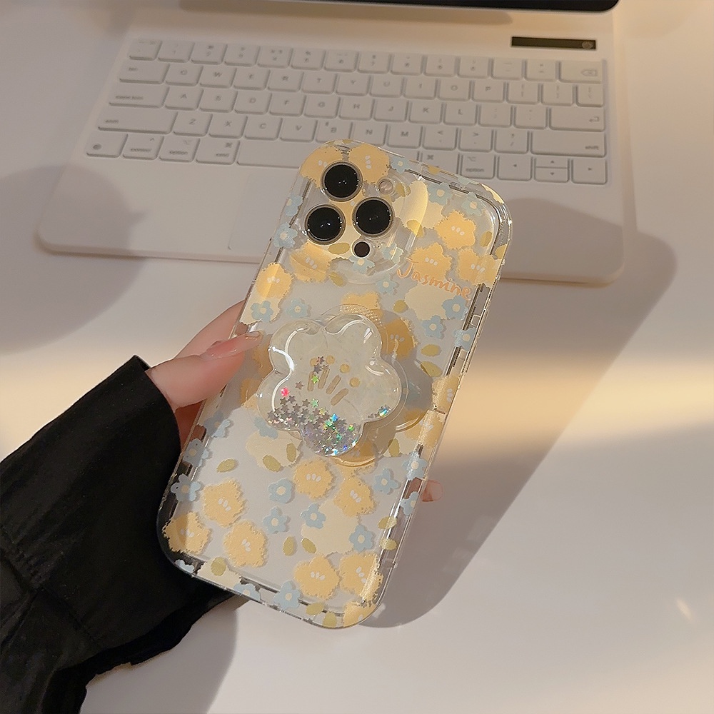 IPHONE Korea Yellow Flaxen Flowers Silicone Case Dengan Holder Kuning Untuk Iphone14 11 12 13 PRO MAX Casing Cover Pelindung AT0298