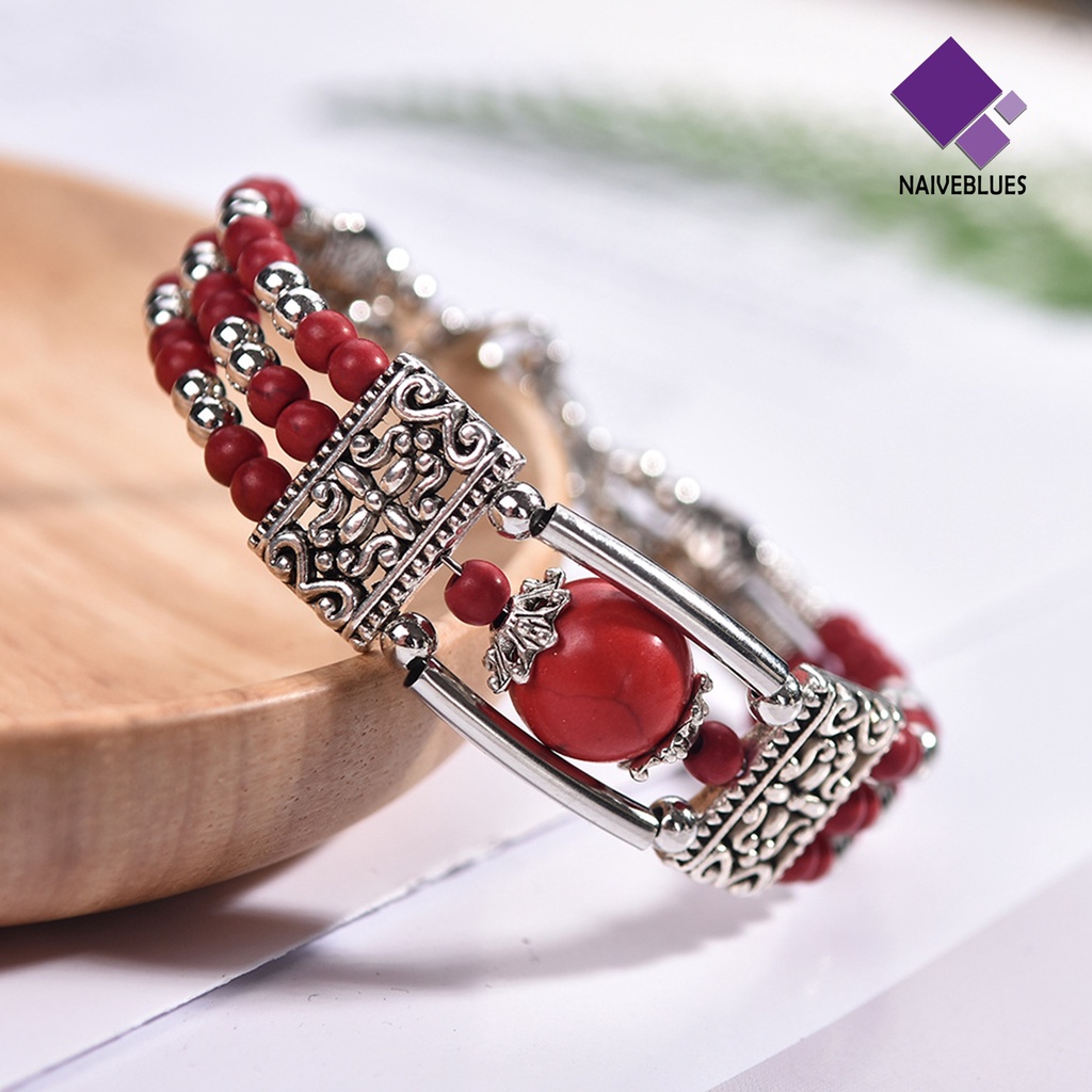 &lt; Naiveblues &gt; Gelang Tangan Wanita Bohemia Gaya Etnik Tiga Lapis Turquoise Imitasi Untuk Hadiah