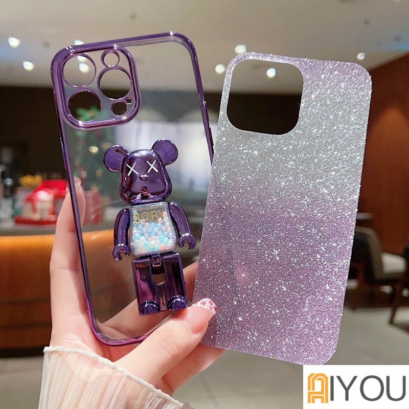 IPHONE Kartun Lucu Beruang Gradien Glitter Violence Bear Stand Plating Case Case Untuk Iphone14 13 12 Pro Max11Xxxr Xs8 7 Plus