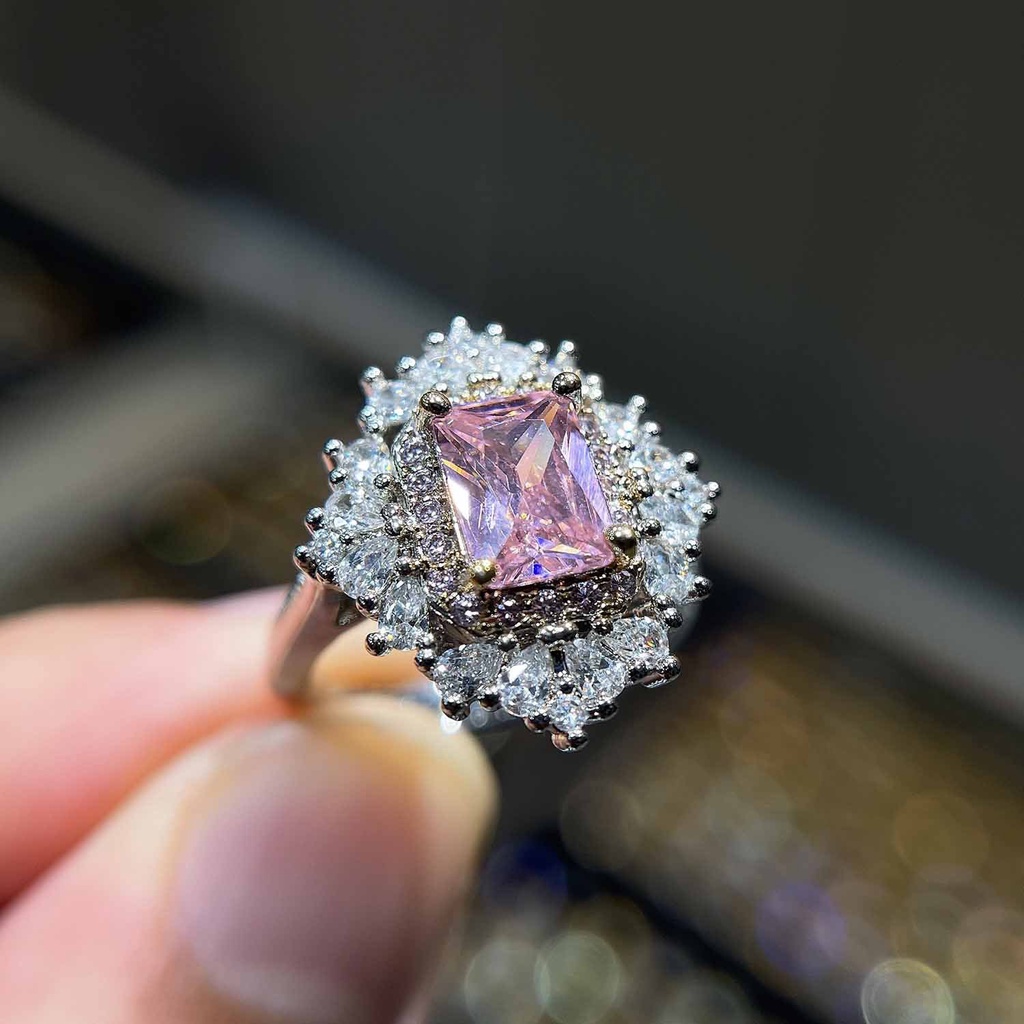 Goldkingdom Fashion Perhiasan Aksesoris Ready Stock Zamrud Permata Cincin Caibao Berlian Kuning Terang Penuh Berlian Perempuan Cincin Pink Kristal Cincin