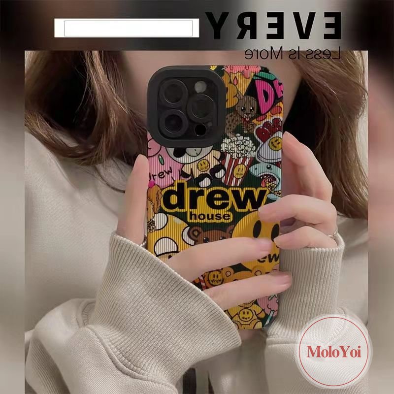 Mewah Tekstur Kulit Lembut Tpu Shockproof Phone Case Kompatibel Untuk IPhone XR XS X Max 7Plus 11 14 13 12 Pro Max7 8 Plus 11 Pro Max Trendi Merek Drew House Kartun Smile Cover