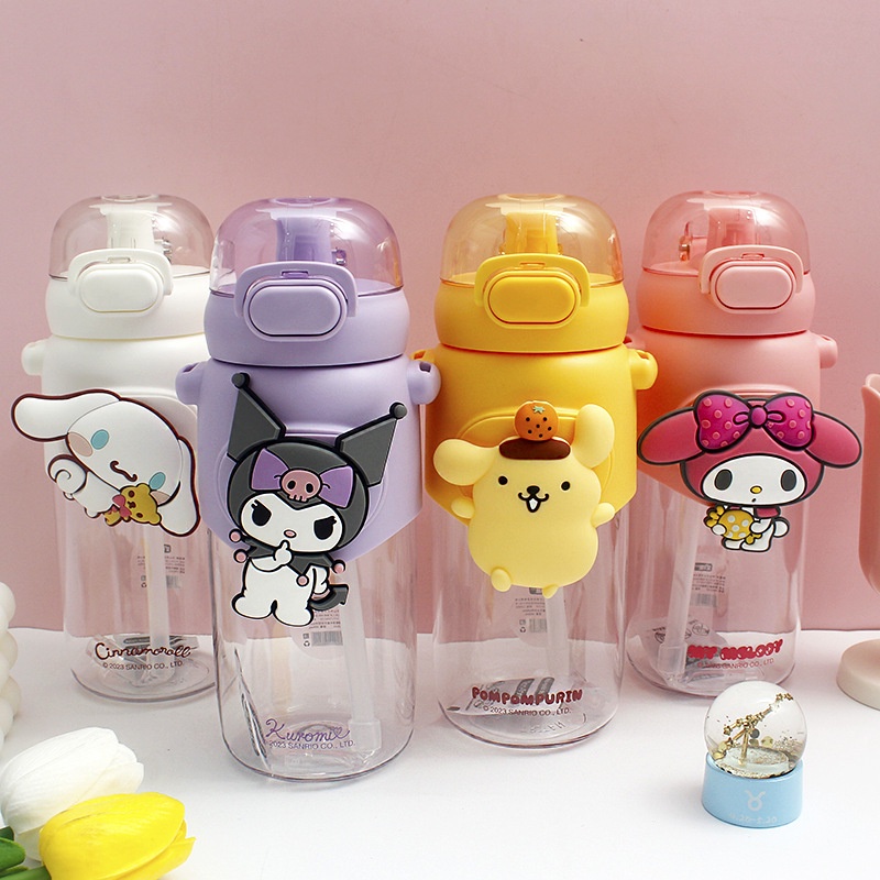 Mug 600Ml Sanrio Thermos Cangkir Air Cangkir Termos Mug Lucu Kartun Cinnamoroll Kuromi Melody Botol Air Plastik Portabel Tahan Lama untuk Hadiah Anak-anak