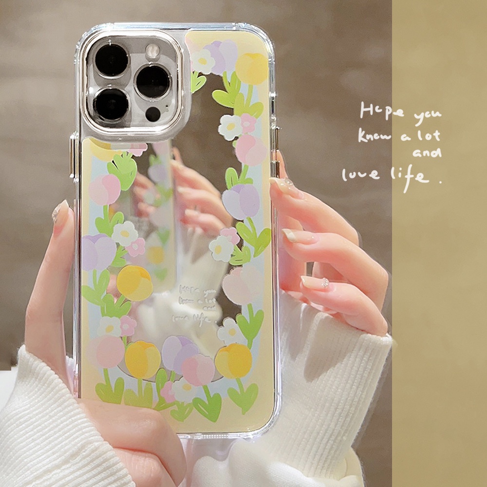 IPHONE Ins Minyak Tulip Plating Cermin Casing Transparan Untuk Iphone14 11 12 13 PRO MAX Casing Cover Pelindung AT0261