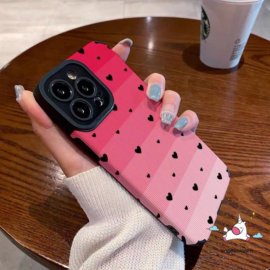 IPHONE Ins Simple Love Heart Phone Case Kompatibel Untuk Iphone11 7 8 Plus 14 12 13 11 Pro MAX XR X XS MAX Fashion Pink Gradasi Mewah Tekstur Kulit Silicon Lembut Shockproof Back Cover