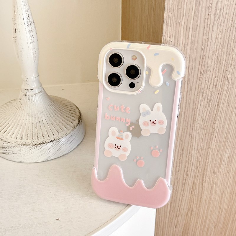 【3D Ice Cream】Summer 3D Soft Case IPhone XR XS Max 11 12 13 14 Pro Max 14 Plus for Women Girl Gift Cartoon Lovely Pin Rabbit Bunny