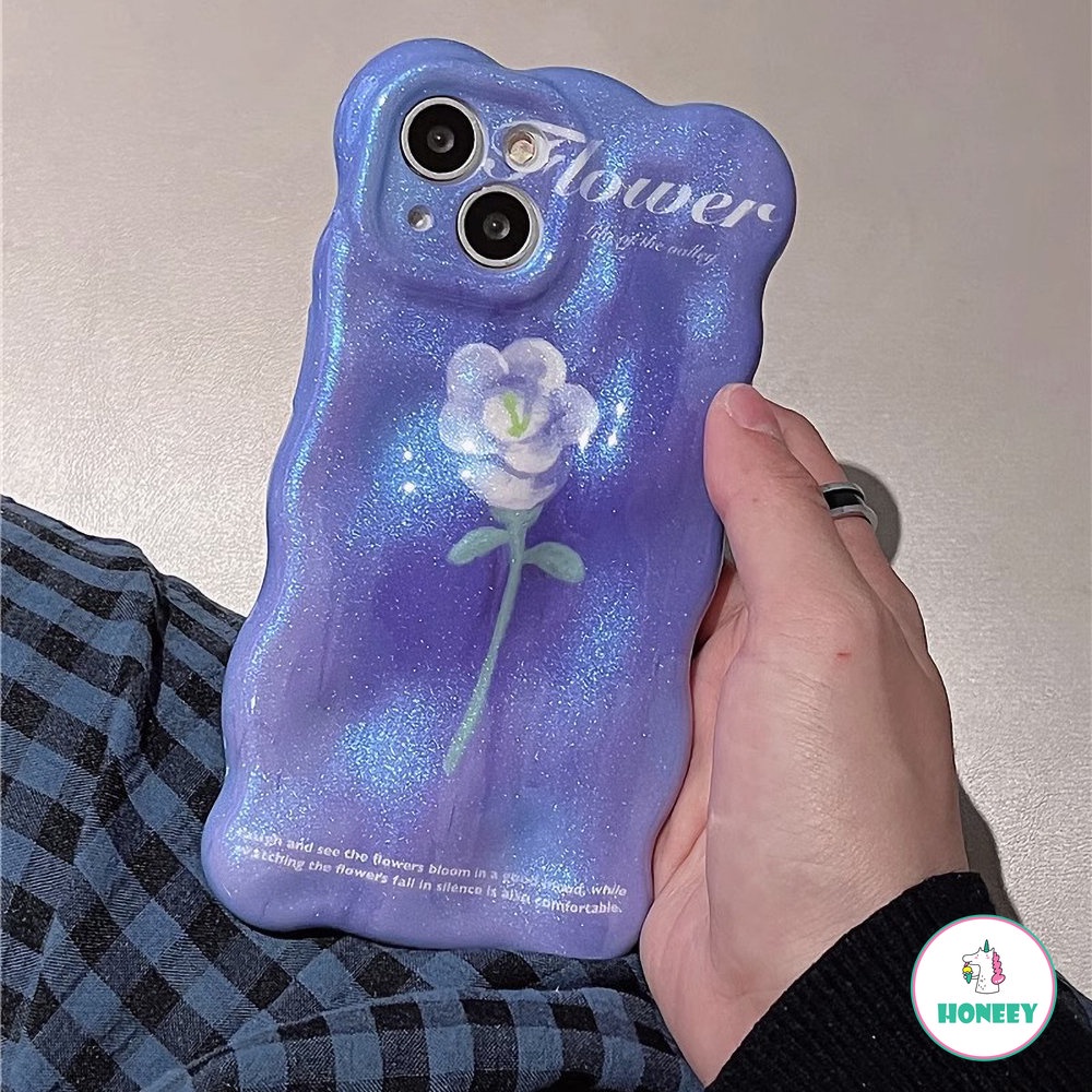 IPHONE Ins Luxury Glitter Art Rose Floral Case Kompatibel Dengan Iphone11 12 13 14 Pro Max Ungu Biru Lipit Kulit Shockproof Back Cover