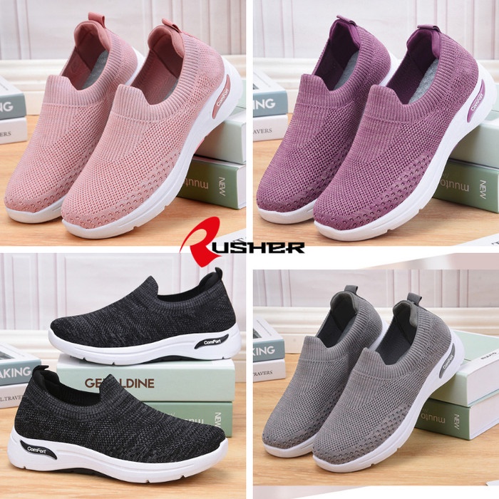 (COD) Rusher Sepatu Slip On Wanita Import Sneakers Tanpa Tali COMFORT - ComfortS1-Abu, 36