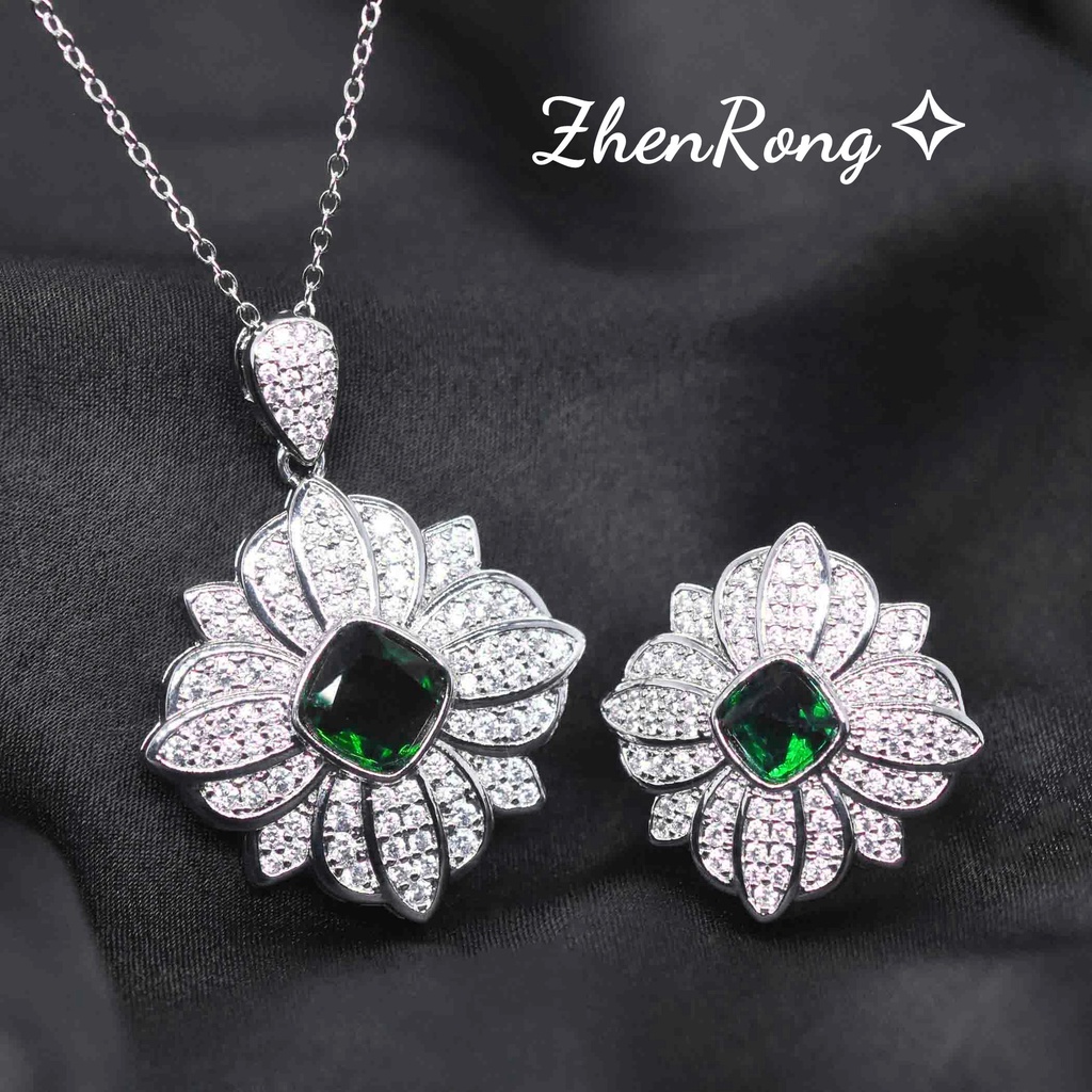 Goldkingdom Fashion Perhiasan Aksesoris Ready Stock Hijau Tetesan Air Persegi Kelopak Zirkon Set Wanita Empat Daun Rumput Anting Liontin Cincin