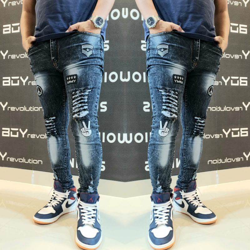 Celana Pria Jeans Bikers Hitam Abu Polos Tanpa Sobek