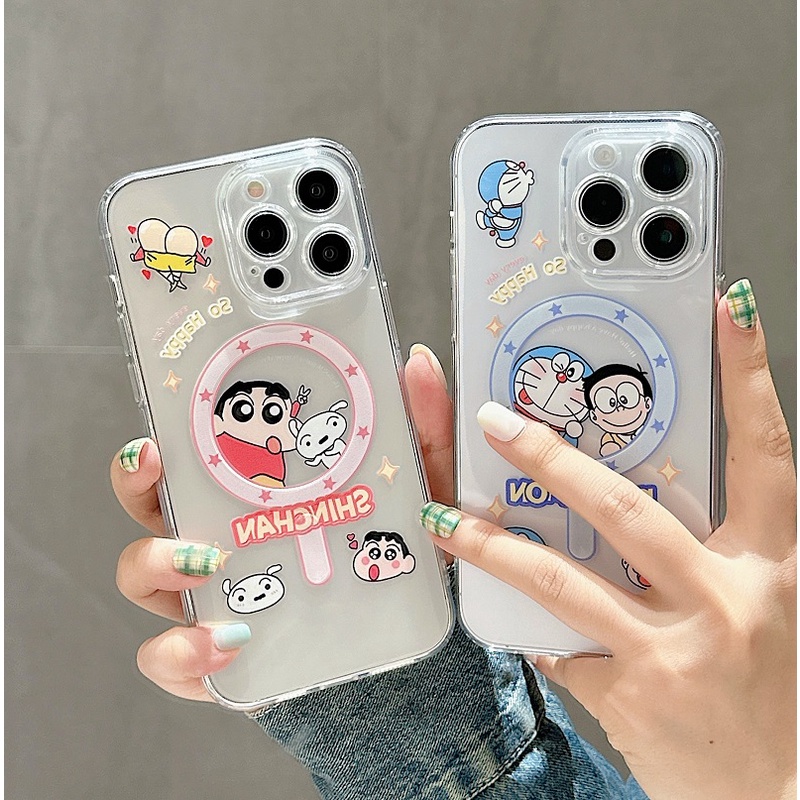 IPHONE Untuk Iphone14 13 12 11 Pro Max Kartun Crayon Shin-chan Cute Doraemon Transparan Perlindungan Hisap Magnetik soft Case