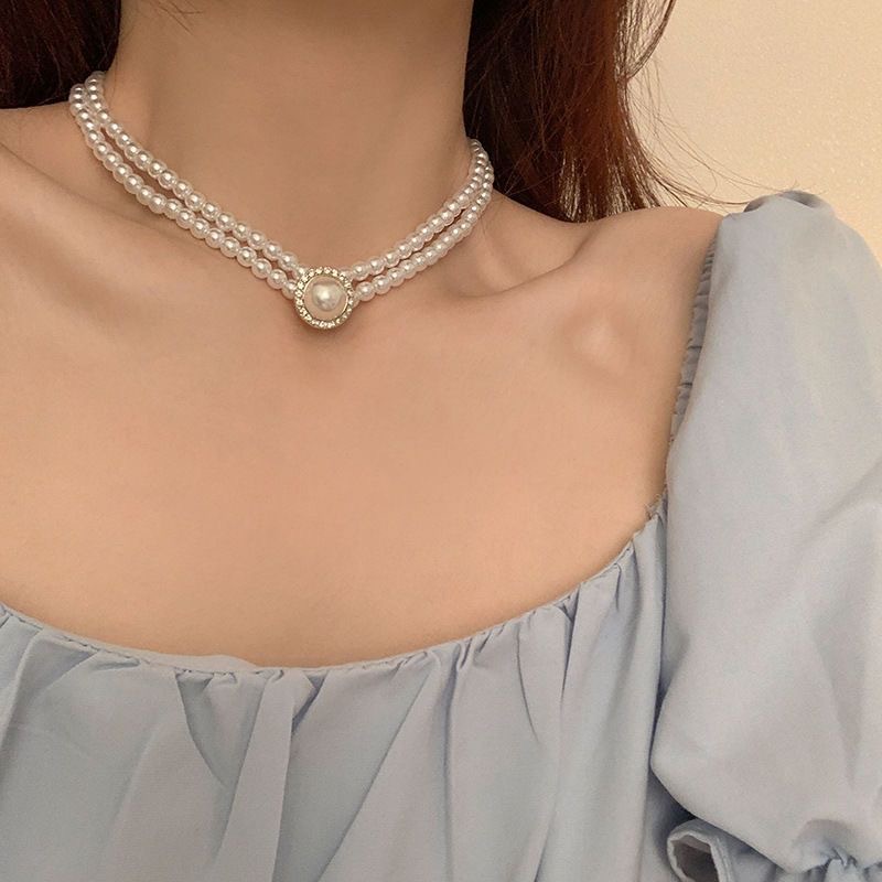 Kalung Mutiara Ganda Kalung Model Perempuan Cahaya Mewah Niche Senior Rasa Tulang Selangka Rantai Vintage Kalung Perempuan Ins Angin Dingin Baru