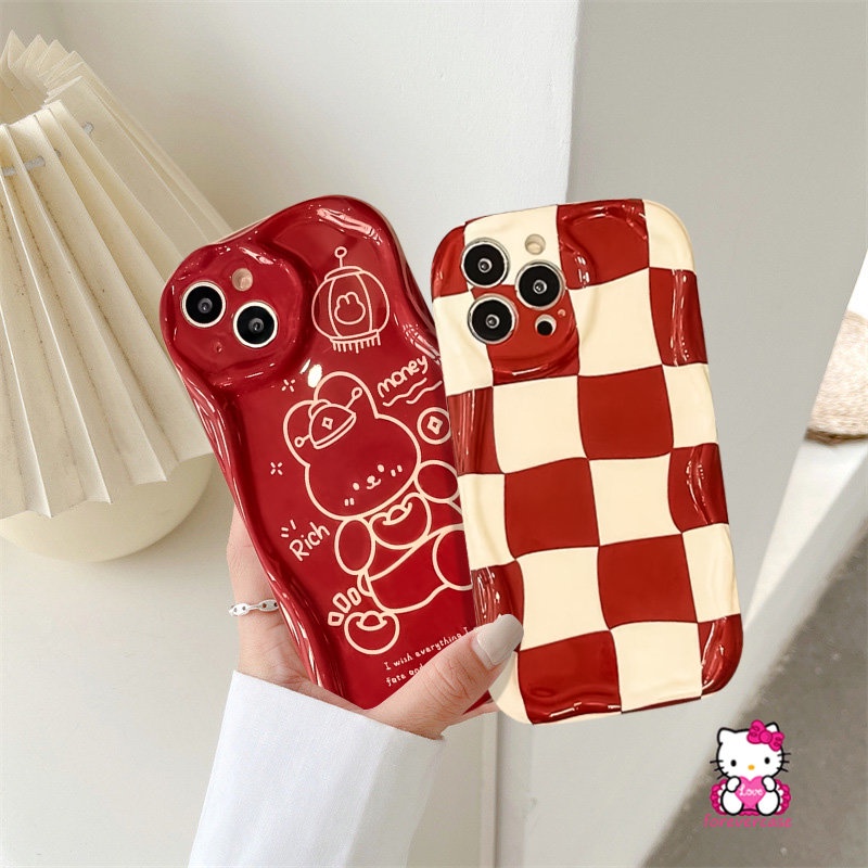 Checkerboard Kartun Merah Hajatan Kelinci Lucu Case Untuk Redmi A1 9A 10A 9 10C 9C NFC 10 A2 9T Note8 10 11 10Pro Plus 10 Pro Max 9 10s 11s POCO M3 3D Wavy Curved Edge Soft Cover