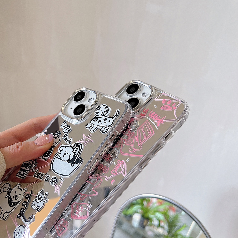 Korea Puppy Dog Makeup Mirror IPhone Case Kompatibel Untuk Iphone11 14 Pro Max Casing Ip13 Pro Max Iphone12 Case Lembut TPU Belakang Ponsel Cover