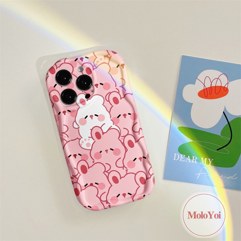 Kelinci Lucu Lovely Pig Couples Case Kompatibel Untuk IPhone XR X XS Max7 8 6 6s Plus 11 12 13 14 Pro Max 7Plus SE 2020 3D Wavy Curved Edge Glossy Kartun Lembut Tpu Cover