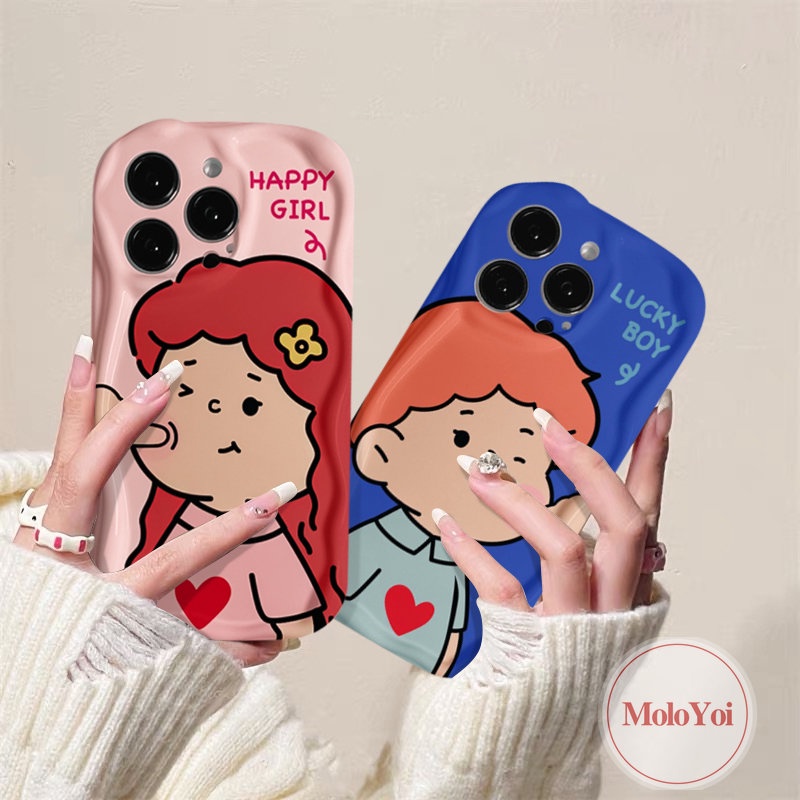 IPHONE Kartun Lucu Pasangan Gadis Bahagia Beruntung Boy Case Kompatibel Untuk Iphone6 7 6s 8plus11 14 12 13 Pro Max XR XS X Max SE 2020 Baru 3D Bergelombang Melengkung Tepi Telepon Lembut Tpu Pecinta Cover