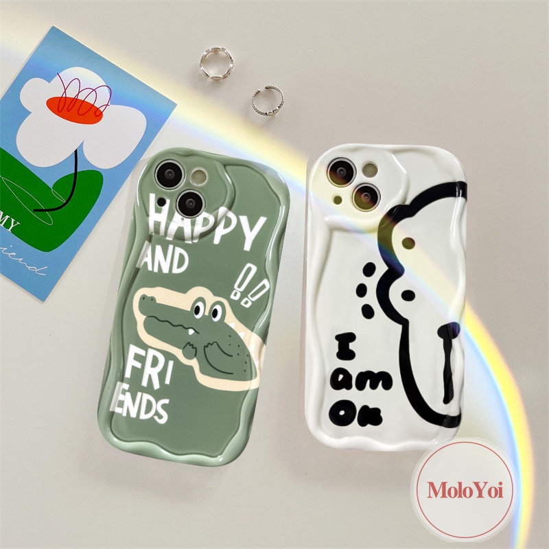 Kartun Lucu Hijau Crocodile Pasangan Shockproof Case Kompatibel Untuk IPhoneXR XS X Max8 7 6 6s Plus 11 12 14 13 Pro Max SE 2020 3D Wavy Curved Edge Soft Tup Cover