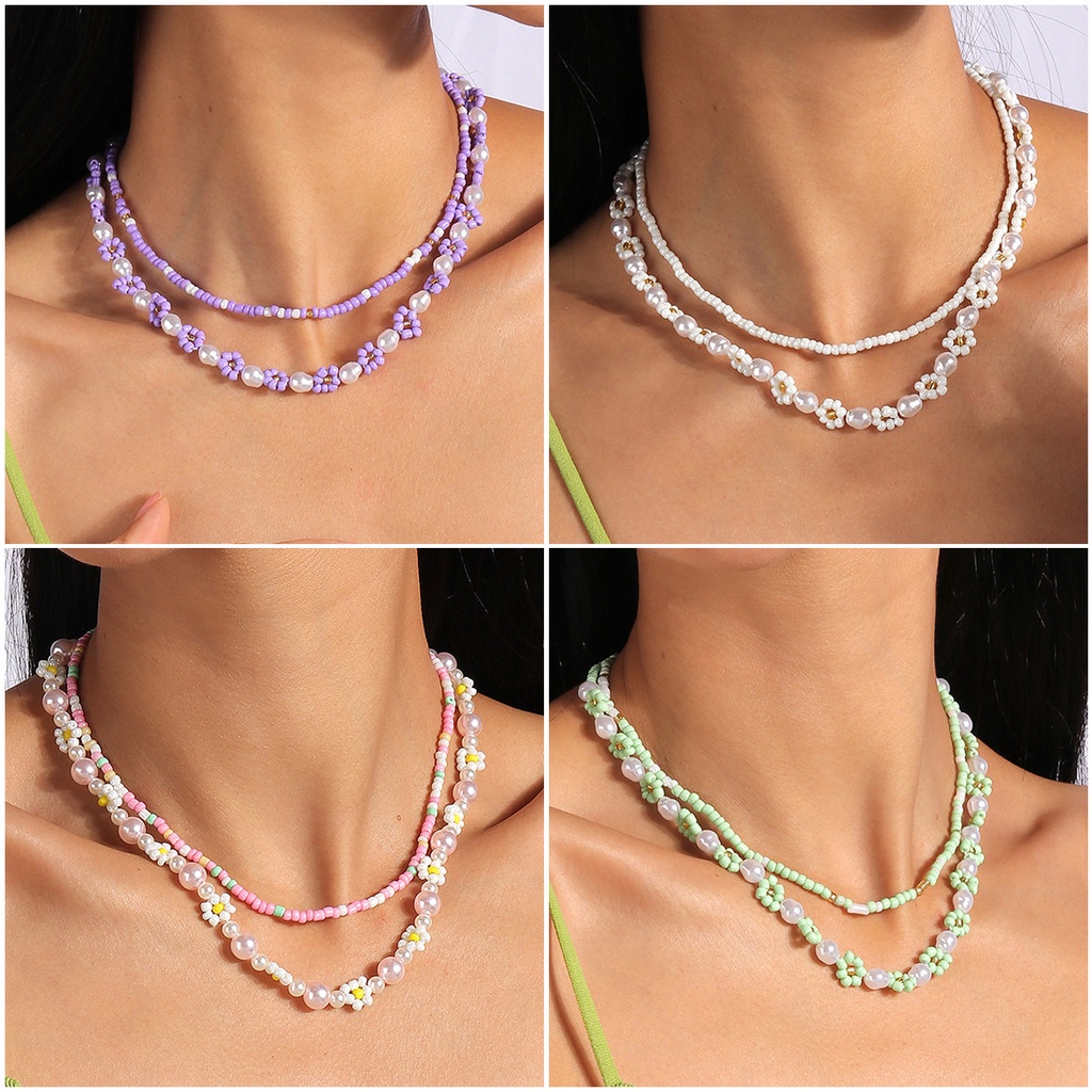 Kalung Manik Padi Manik-Manik Retro Korea Gadis Manis Warna Solid Gaya Bohemian Rice Bead Choker