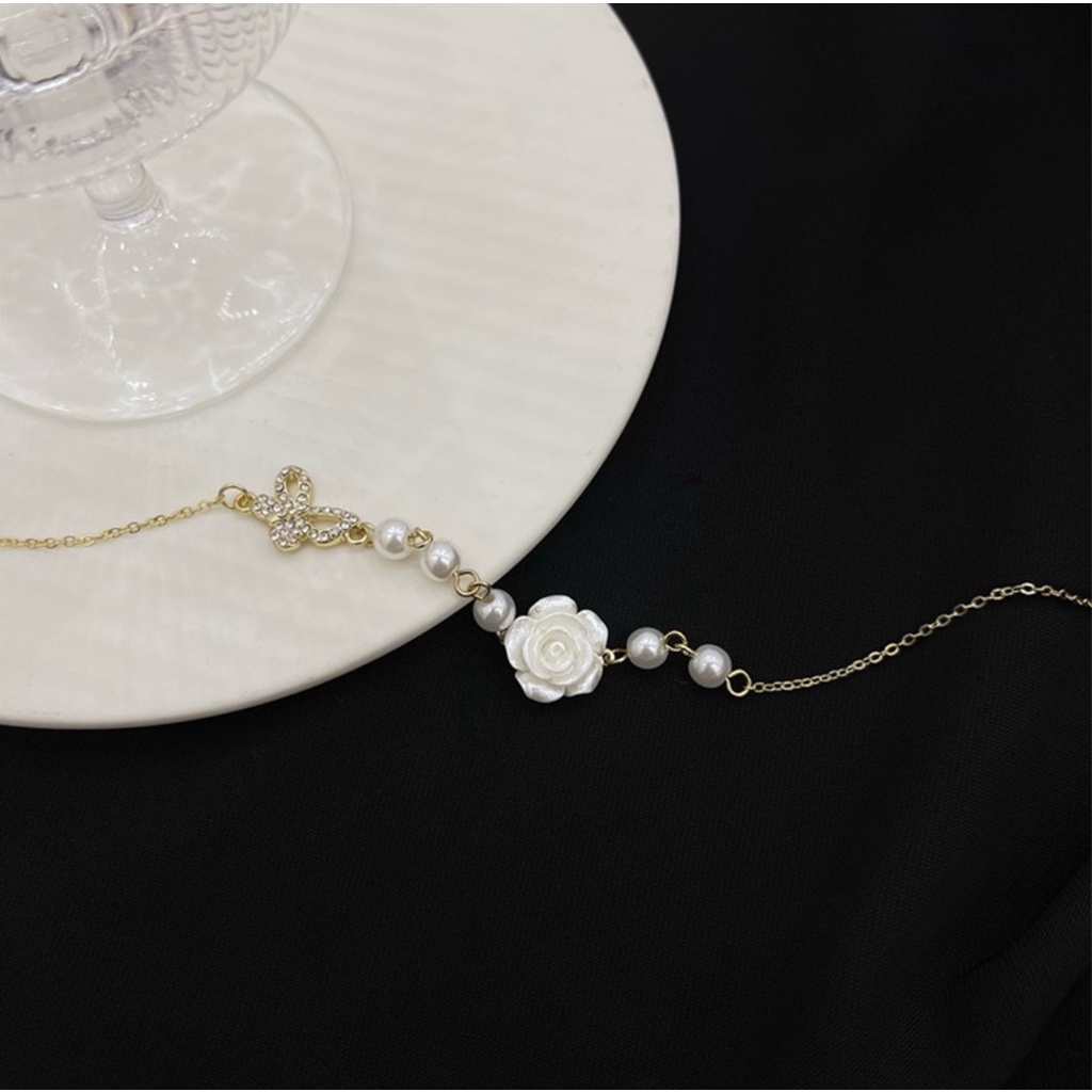 Kalung Liontin Wanita N3767 WHITE ROSE Gaya Korea Fashion Women Pearl Necklace