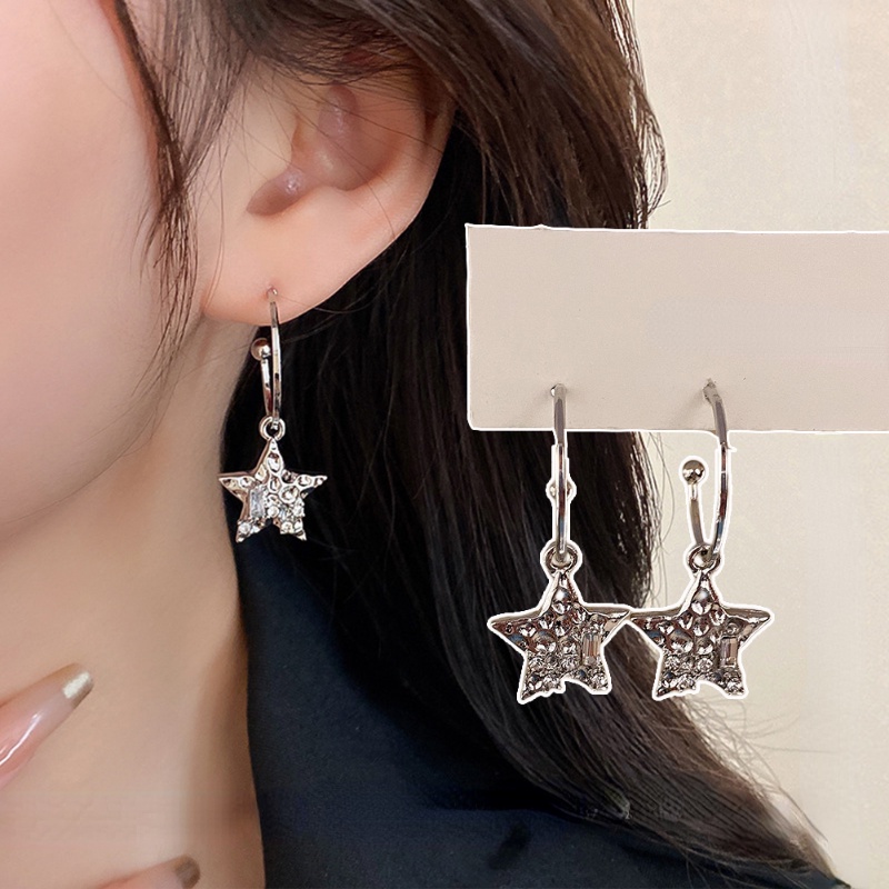 Ins Gaya Temperamen Bentuk Bintang Menjuntai Anting Untuk Wanita/Minimalis Perak Pentagram Berlian Imitasi Drop Earrings Perhiasan Fashion