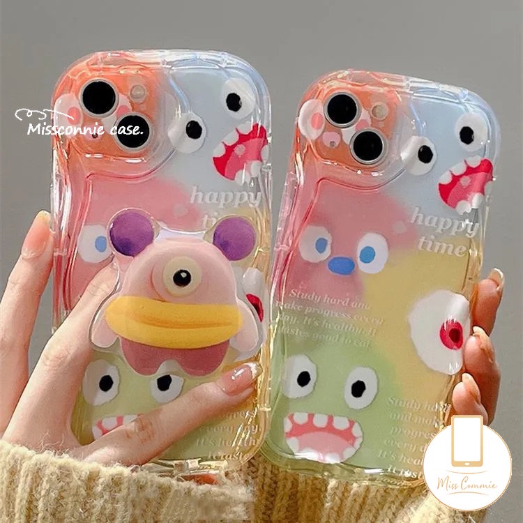 IPHONE Case Monster Kecil Kartun Lucu Kompatibel Untuk Iphone11 14 13 12 Pro Max7 8 6 6s Plus XR X XS Max 7Plus SE 2020 3D Wavy Curved Edge Soft Cover Dengan Braket Stand Ponsel