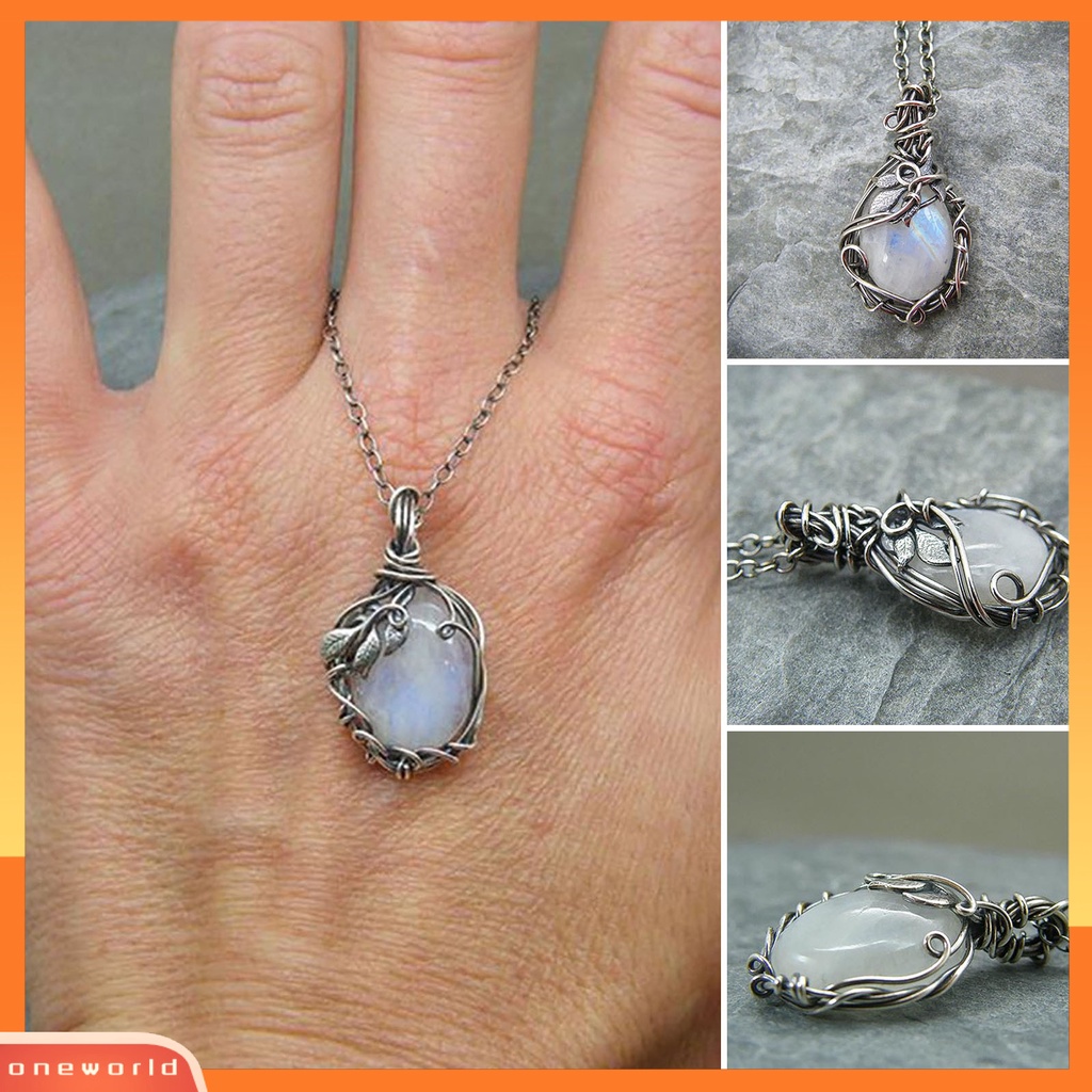 [ONE] Kalung Wanita Kualitas Tinggi Vintage Warna Silver Moonstones Lady Pendant Untuk Prom