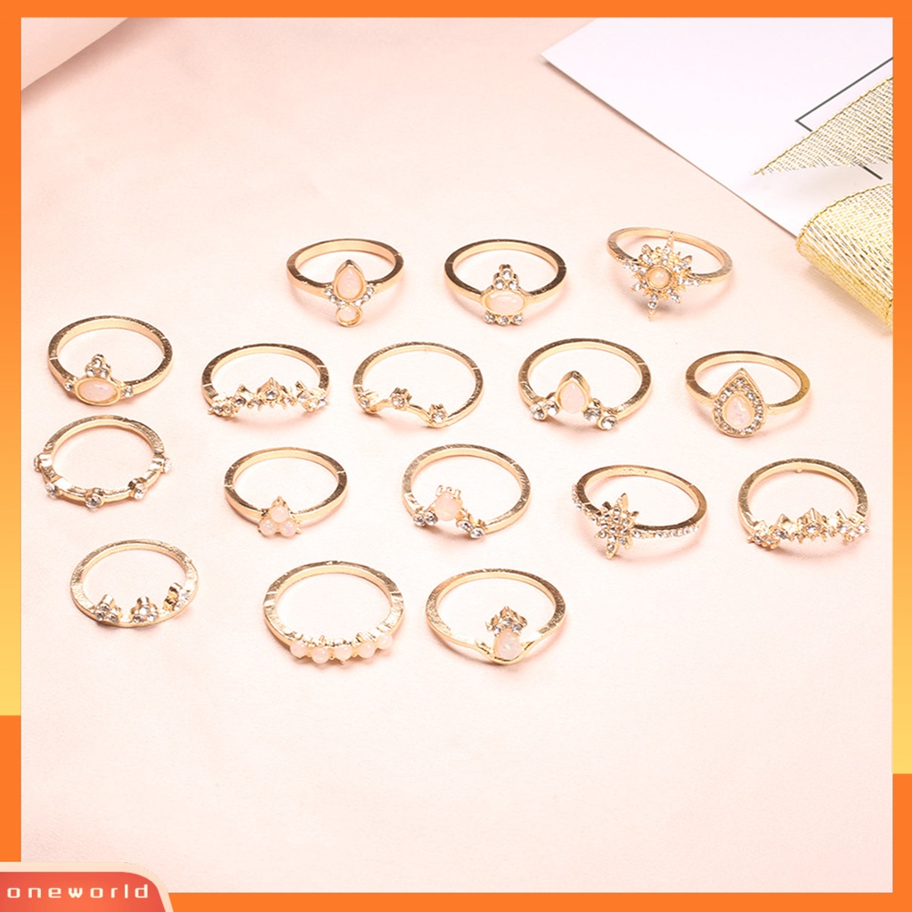 [ONE] 16 Pcs/Set Mahkota Bentuk Berlian Imitasi Knuckle Rings Alloy Bohemia Stackable Finger Rings Aksesori Perhiasan