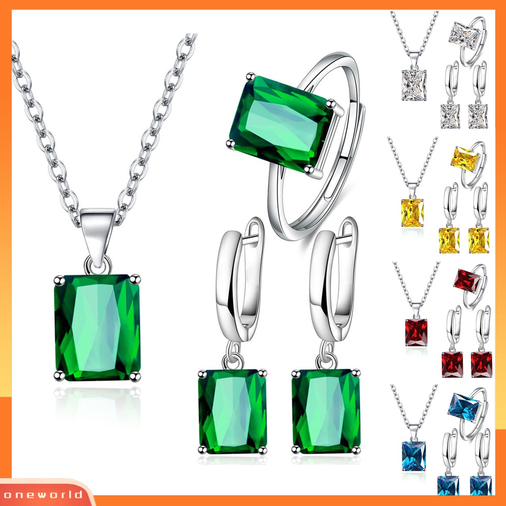 [ONE] 4pcs/set Jari Cincin Bentuk Persegi Panjang Shiny Charming Cubic Zirconia Vintage Pendant Dress Up Anti Karat Wanita Mewah Berlian Imitasi Kalung Hoop Earrings Perhiasan Aksesori