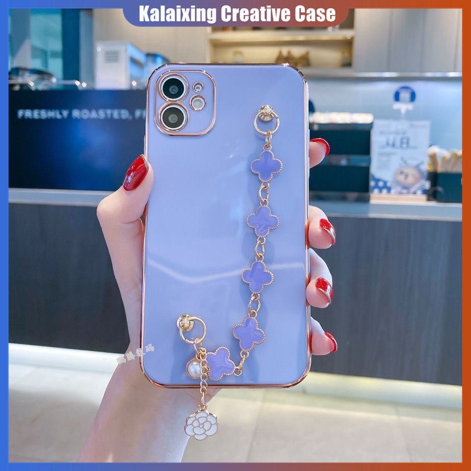 IPHONE Gelang Logam Clover Lapis Mewah Casing Rantai Ponsel Untuk Iphone12 13 MiNi 11 ProMax XR XS X7 8 Plus Soft Case