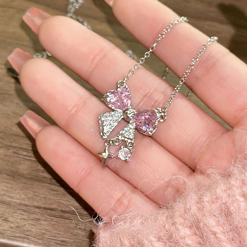 Fashion Kalung Rantai Zircon Perak Ikatan Simpul Permata Pink Permata Elegan Untuk Aksesoris Perhiasan Wanita