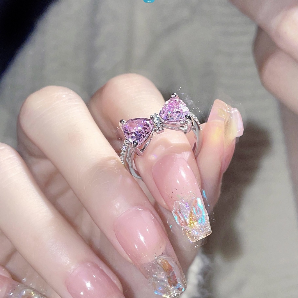 Elegan Pink Kristal Bunga Pernikahan Untuk Wanita Dainty Bride Unadjustable RingsBow Tie Zirconia Rhinestone Engagement Ring [ZK]
