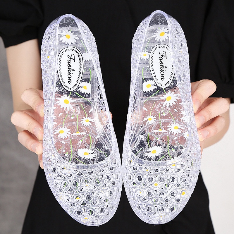 OKAIDO OFFICIAL STORE Sepatu Wanita Motif Bunga Bahan Silikon Transparan Elastis Sepatu Mewah